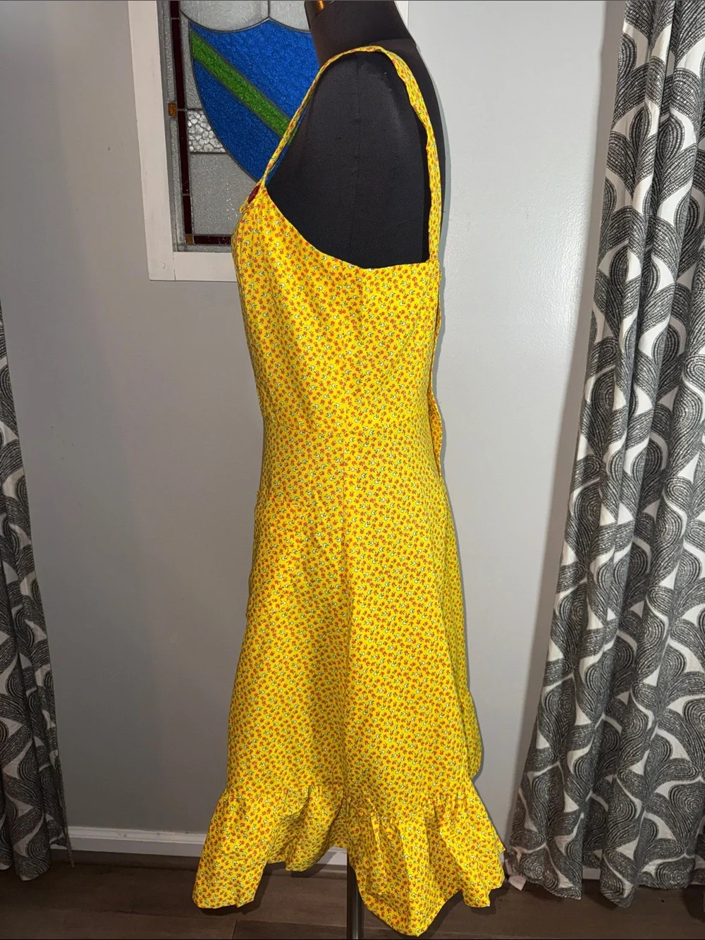 Vintage Handmade Yellow Floral Sundress Square Neck Ruffle Hem Cottagecore S/M